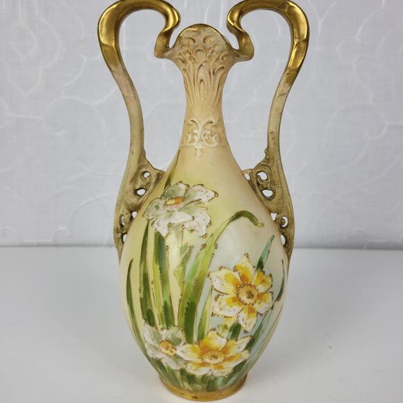 Turn Teplitz Bohemia Vase Ivory Floral Porcelain Amphora Elegant Art Nouveau 9" - Picture 5 of 16